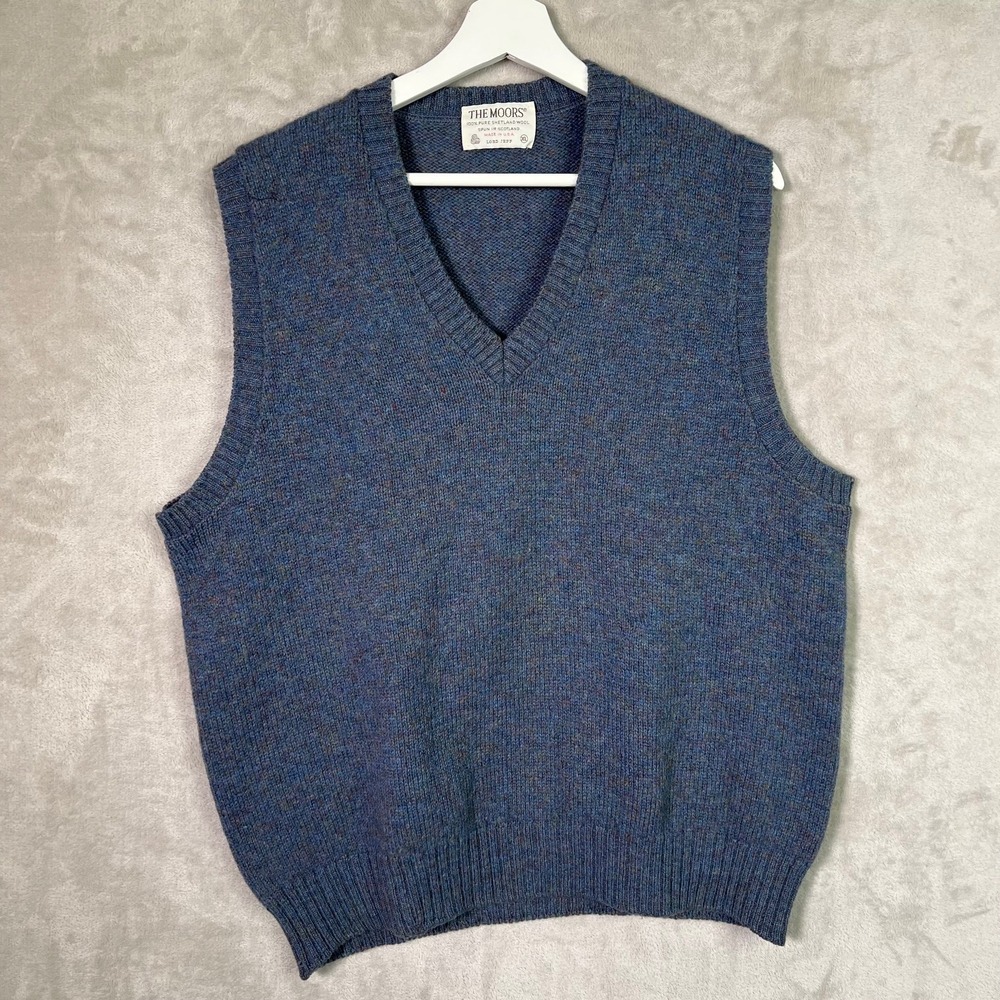 Vintage THE MOORS Lord Jeff  Shetland Blue Wool Pullover Vest Men XL USA made